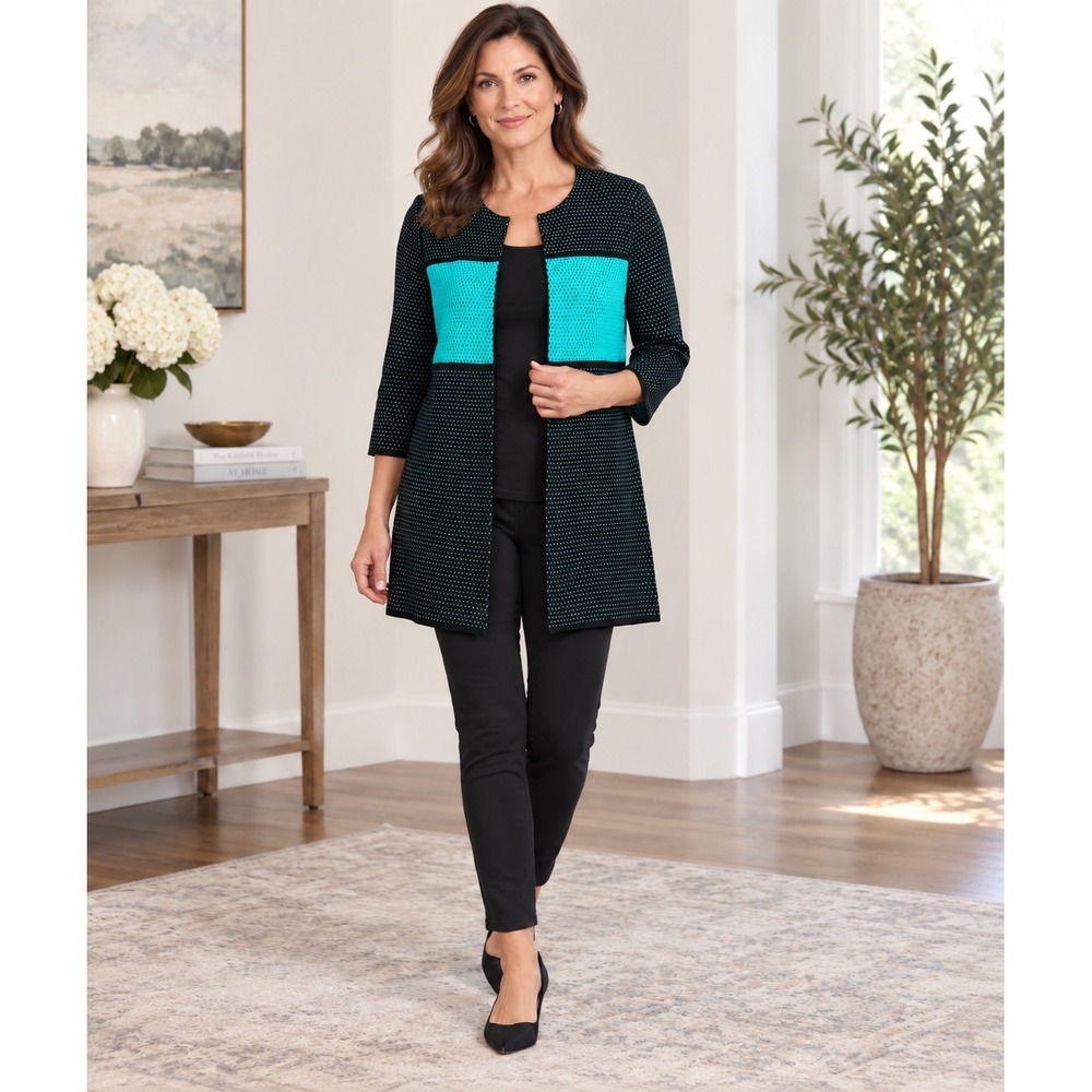 Misook Cardigan Green Black Teal Colorblock Textured Knit Open Front Medium